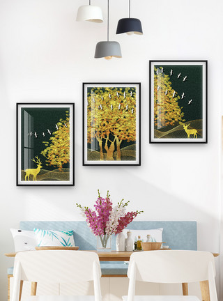 金色框轻奢质感抽象发财树装饰画模板