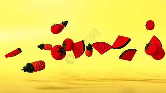 草莓水果插画创意3D悬浮场景设计图片