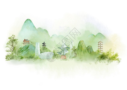 中国风山水水墨城市地标建筑福州背景图片