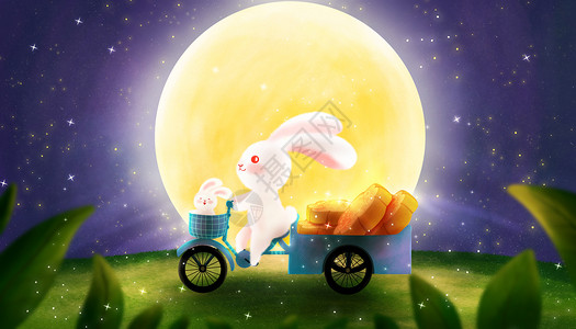 带着食物的妇人小兔子带着月饼回家去插画