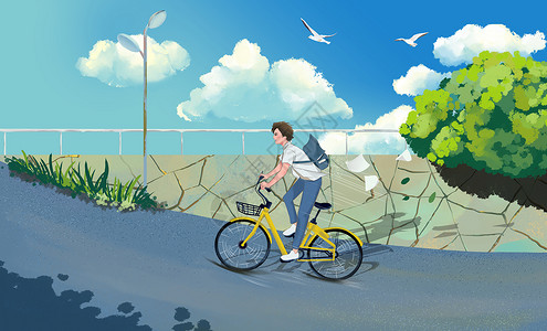 骑自行车学生骑自行车上学的少年插画