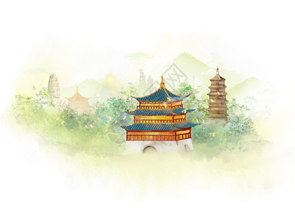 陕西法门寺中国风山水水墨城市地标建筑西安插画