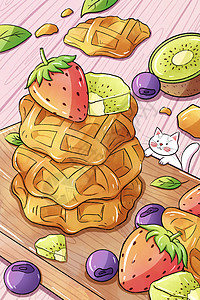 美味草莓海报手绘美味华夫饼插画插画