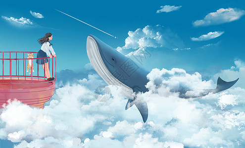 猫笼子空中的女孩与鲸鱼插画