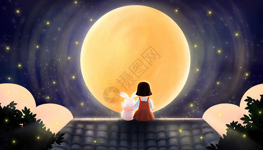 抱着月饼女孩抱着兔子坐在屋顶赏月插画