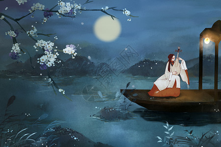 夜间晴朗中国风夜间忧伤弹琵琶的美人插图插画