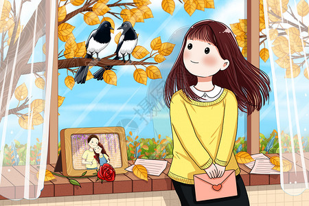 女孩拿着情书看到窗外的一对喜鹊插画
