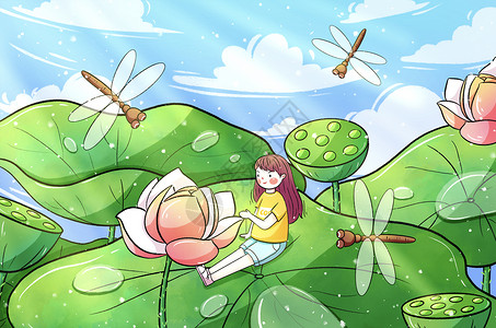 夏末清仓海报处暑荷花上的蜻蜓插画