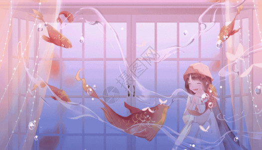 紫色梦幻光芒夏日幻想鲸鱼和女孩插画GIF高清图片