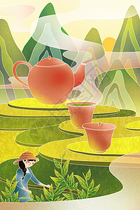 茶叶文化展板24节气白露喝白露茶中国风唯美插画插画