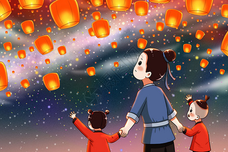 孔明灯下的牛郎带着儿女望着天上的银河背景图片
