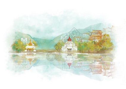 云南香格里拉中国风山水水墨城市地标建筑插画背景图片