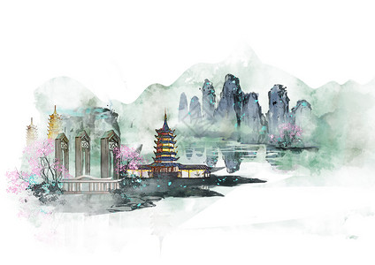 两居广西桂林中国风山水水墨城市地标建筑插画插画