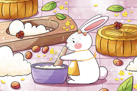 中秋节玉兔做月饼插画高清图片