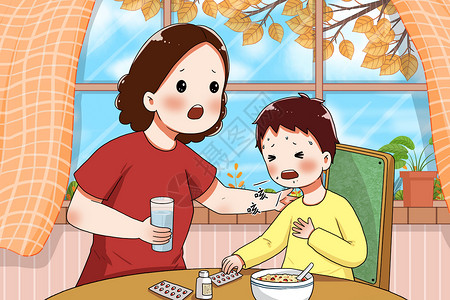 吃月饼母子秋燥咳嗽的男孩插画