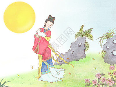 中秋节嫦娥与玉兔复古中国风工笔画背景图片