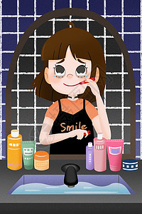 世界无车日公益宣传海报抑郁的女孩看着镜中的自己强颜欢笑插画