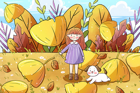 秋天拿杏叶的女孩背景图片