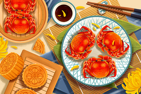 中秋节美味螃蟹月饼插画高清图片