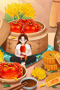 吃月饼的女孩中秋节螃蟹月饼女孩插画插画