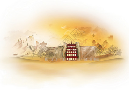 敦煌中国风山水水墨城市地标建筑插画背景图片