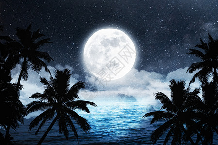 夜晚的海边皓月当空设计图片