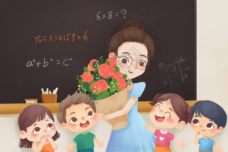 女学生写黑板字教师节快乐插画