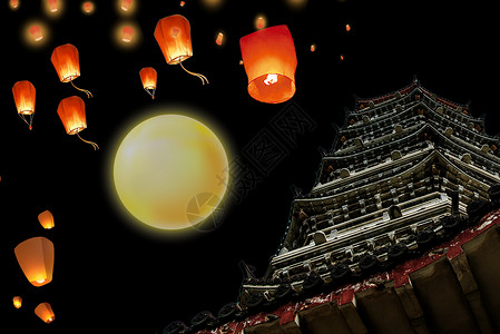 寺庙之夜中秋月圆设计图片