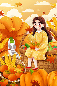 枫叶壁纸二十四节气秋分秋季丰收女孩与猫插画插画