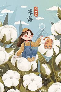 新疆棉花海报二十四节气寒露棉花女孩与猫插画插画