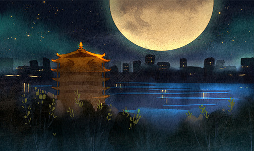 武汉江滩夜景中秋夜色下的黄鹤楼插画