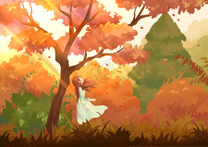 秋分落叶树下的女孩图片