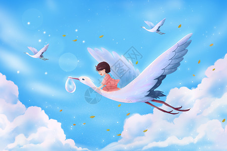 多云天空鸟飞女孩坐在鸟背上飞行插画