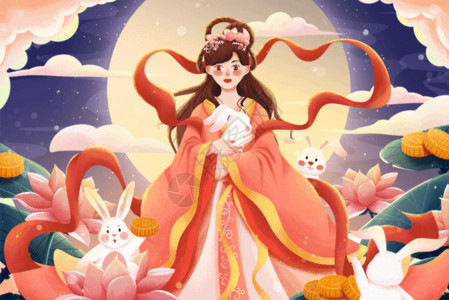 月饼与叶素材八月十五中秋节嫦娥与兔子插画GIF高清图片