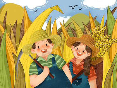 耕种的女孩秋分时节丰收的农民插画