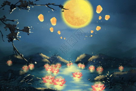 满月夜晚中秋节荷花gif高清图片