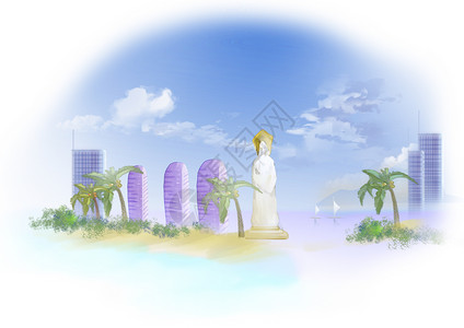 南海海南中国风山水水墨城市地标建筑插画插画