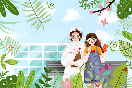 花园健康和护士合影的女孩插画