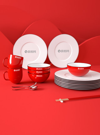 茶室效果图红色餐具vi样机模板