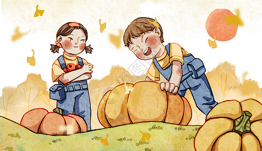 小朋友农场秋天在农场里收南瓜的小可爱插画