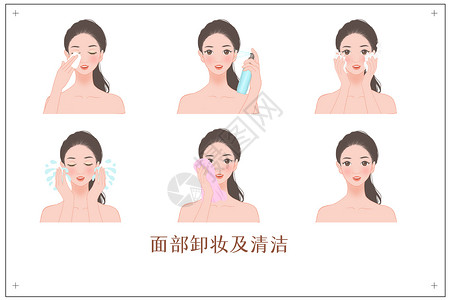 护肤医美包装脸部卸妆及清洁过程插画