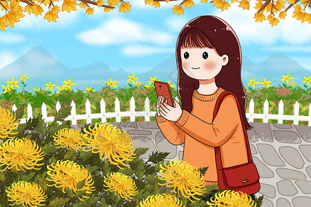 赏菊的女孩背景图片