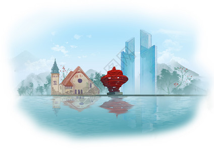 青岛中国风山水水墨城市地标建筑插画图片