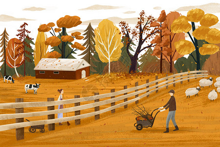 割水稻的男人农场上的田园秋色插画