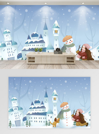 手绘城堡建筑群卡通手绘冬季城堡儿童背景墙模板