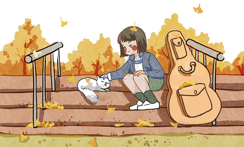 秋天刚上完吉他课的女孩在公园台阶上逗猫高清图片