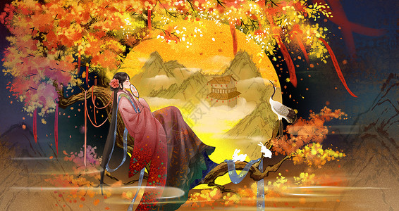 中秋节嫦娥赏月烫金中国风插画背景图片
