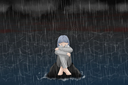 孤独与悲伤同在暴雨中孤岛上无助的女孩插画