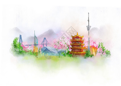 武汉中国风山水水墨城市地标建筑插画高清图片