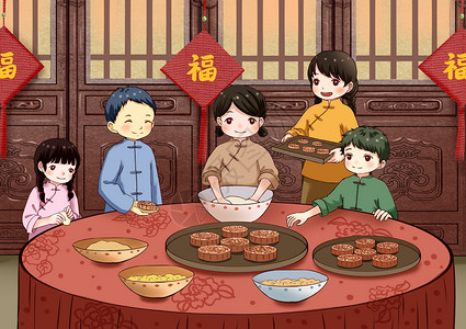 中秋节一家人做月饼背景图片